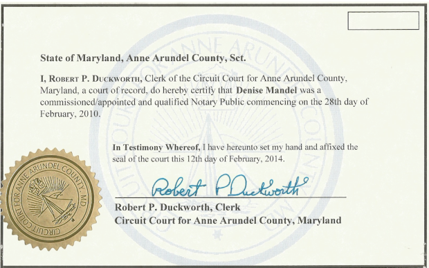 This county clerk certification page is certifying the signature of a notary public from Anne Arundel County, Maryland. This document is then ready to be taken to the Maryland Secretary of State for Apostille or non-Hague Convention country certification. 
