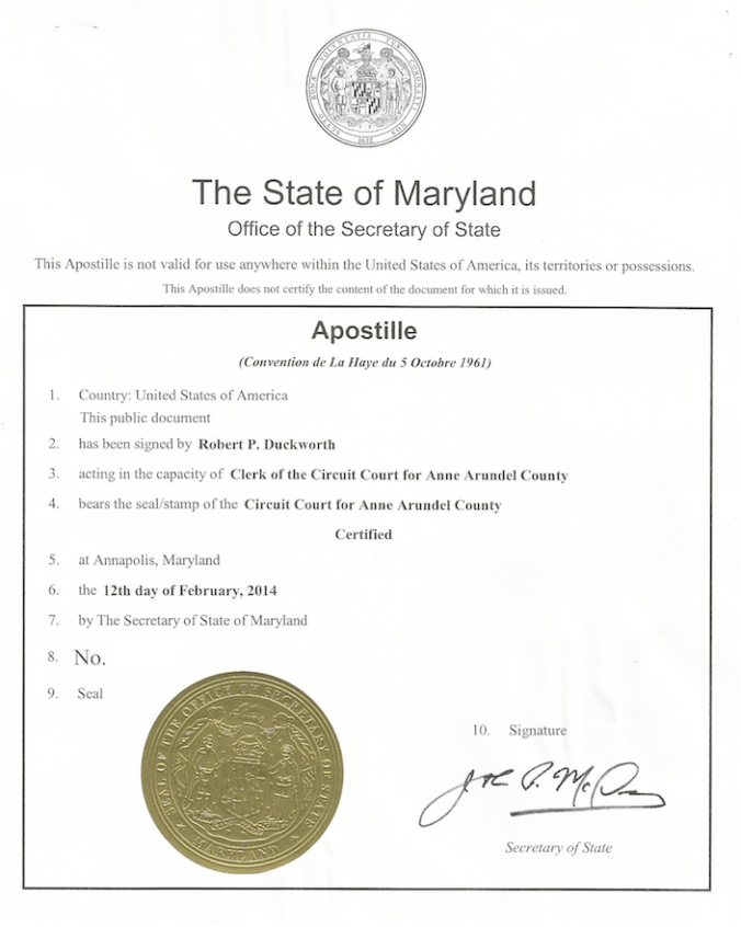 Sample Maryland Secretary of State Apostille