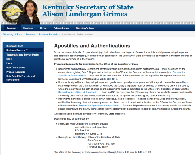 Sample Secretary of State Apostille and Authentications Page